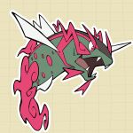  animal_focus basculegion commentary fangs fish full_body grid_background kelvin-trainerk looking_down no_humans open_mouth outline pink_eyes pokemon pokemon_(creature) solo tongue watermark yellow_background 