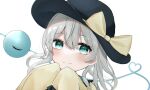  0krmi 1girl black_headwear blush bow eyebrows_visible_through_hair face floppy_sleeves green_eyes hair_between_eyes hat heart heart_of_string highres komeiji_koishi long_sleeves looking_at_viewer portrait shirt silver_hair simple_background sleeves_past_fingers sleeves_past_wrists smile solo third_eye touhou white_background yellow_bow yellow_shirt 