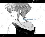  1boy absurdres anniversary bangs copyright_name eyebrows_visible_through_hair from_behind highres hood hoodie kingdom_hearts kudou_makoto letterboxed looking_down male_focus monochrome parted_lips solo sora_(kingdom_hearts) spot_color 