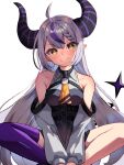  1girl ahoge ayataka_(milk9tomo) bare_shoulders black_horns blush braid closed_mouth collarbone detached_sleeves highres hololive horns indian_style la+_darknesss legs long_hair looking_at_viewer multicolored_hair pointy_ears purple_hair purple_legwear shiny shiny_hair silver_hair single_thighhigh sitting slit_pupils smile solo streaked_hair striped striped_horns tail thigh-highs very_long_hair virtual_youtuber yellow_eyes 