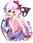  1girl blonde_hair bow eyebrows_behind_hair fang flandre_scarlet full_body hat laevatein_(touhou) looking_at_viewer mary_janes mob_cap puffy_sleeves red_eyes red_footwear shoes short_sleeves side_ponytail simple_background skirt smile socks solo tongue tongue_out touhou user_kcgn3755 white_background white_legwear wings 