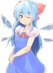  1girl ;d alternate_hair_length alternate_hairstyle blue_dress blue_eyes blue_hair bow cirno dress ginnkei hair_bow highres ice ice_wings light_smile long_hair looking_at_viewer one_eye_closed short_sleeves simple_background smile solo touhou very_long_hair white_background wings 