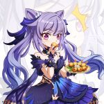  1girl animal_ears bangs bare_shoulders blue_dress cat_ears collarbone commentary_request detached_sleeves dress eating eyebrows_visible_through_hair food food_in_mouth formal genshin_impact hair_between_eyes hair_ornament highres holding holding_food hyny kemonomimi_mode keqing_(genshin_impact) keqing_(opulent_splendor)_(genshin_impact) long_hair looking_at_viewer plate purple_hair shrimp sidelocks solo strapless strapless_dress surprised twintails violet_eyes whiskers wrist_cuffs 