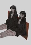  2girls absurdres bare_legs black_eyes black_hair black_jacket black_skirt bound closed_mouth feet_out_of_frame grey_background highres jacket long_hair long_sleeves multiple_girls original shirt simple_background sitting skirt string tied_up_(nonsexual) tuoer white_shirt 