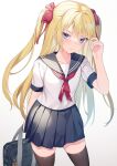  1girl alexmaster bag black_legwear blonde_hair blue_eyes blush bow hair_bow hand_in_own_hair long_hair looking_at_viewer original pleated_skirt sailor_collar school_bag school_uniform serafuku short_sleeves skirt solo thigh-highs twintails white_background 