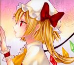  1girl blonde_hair bow crystal flandre_scarlet from_side hand_up hat hat_ribbon highres mob_cap profile puffy_sleeves red_eyes ribbon short_hair short_sleeves side_ponytail solo touhou upper_body wings wrist_cuffs yuuki_hana_(jtnp5334) 