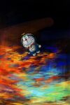  1boy bell closed_eyes closed_mouth commentary doraemon doraemon_(character) flying full_body highres male_focus mochizuki_tagosaku multicolored_background neck_bell pouch robot smile solo spinning_top sunset whiskers 
