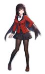  1girl artist_request bangs black_hair blunt_bangs brown_footwear collared_shirt eyebrows_visible_through_hair formal game_cg hand_on_hip highres hime_cut houndstooth hyakkaou_academy_uniform jabami_yumeko jacket kakegurui lips looking_at_viewer mahjong_soul official_art pantyhose pleated_skirt red_eyes red_jacket red_nails red_suit shirt simple_background skirt suit suit_jacket third-party_source transparent_background yostar 