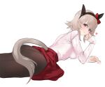  1girl animal_ears ass bangs breasts brown_legwear closed_mouth corrugatedrush curren_chan_(umamusume) ear_bow grey_hair hairband heart horse_ears horse_girl horse_tail looking_at_viewer lying medium_breasts medium_hair on_stomach pantyhose pink_sweater red_skirt simple_background skirt sleeves_past_wrists smile solo sweater tail turtleneck turtleneck_sweater umamusume violet_eyes white_background 