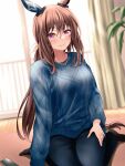  1girl admire_vega_(umamusume) blue_sweater breasts brown_hair casual cellphone horse_girl jewelry large_breasts long_hair low_ponytail necklace pearl_necklace phone red_hayao sitting smartphone smile sweater umamusume violet_eyes wariza 