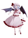  1girl ascot bat_wings blue_hair brooch cup fangs frills full_body hat hat_ribbon highres jewelry looking_at_viewer mary_janes mo_(mokatampe) mob_cap open_mouth pointy_ears puffy_short_sleeves puffy_sleeves red_eyes red_footwear red_ribbon remilia_scarlet ribbon sash shoes short_hair short_sleeves simple_background skirt skirt_set smile socks solo touhou white_background white_legwear wings 