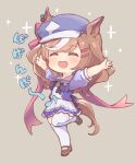 1girl animal_ears arms_up bangs blush bow brown_footwear brown_hair chibi closed_eyes collar eyebrows_visible_through_hair hair_ribbon happy hat horse_ears horse_girl knee_up leg_up long_hair matikane_tannhauser_(umamusume) miniskirt multicolored_hair open_mouth outstretched_arms oyakata1220 pleated_skirt puffy_short_sleeves puffy_sleeves purple_bow purple_headwear purple_serafuku red_ribbon ribbon sailor_collar school_uniform serafuku shoes short_sleeves simple_background skirt smile sparkle swept_bangs thigh-highs two-tone_hair umamusume white_collar white_hair white_legwear white_skirt 