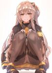  1girl absurdres bangs black_footwear black_jacket black_legwear blush brown_eyes closed_mouth eyebrows_visible_through_hair full_body girls_frontline highres jacket light_brown_hair long_hair looking_at_viewer muteppona_hito on_floor panties panties_under_pantyhose pantyhose pantyshot scar scar_across_eye shoes side_ponytail sitting smile solo thighband_pantyhose ump45_(girls&#039;_frontline) underwear white_background white_panties 