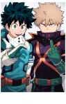  2boys absurdres bakugou_katsuki bangs belt blonde_hair boku_no_hero_academia border freckles gloves green_belt green_eyes green_gloves green_hair heart heart_hands heart_hands_failure high_collar highres looking_at_viewer male_focus middle_finger midoriya_izuku multiple_boys open_mouth orange_belt red_eyes short_hair smile spiky_hair white_border yazakc 