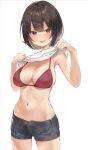  1girl :p absurdres bikini black_hair black_shorts breasts clothes_lift commentary_request highres large_breasts lifted_by_self looking_at_viewer masco masco_(character) navel original red_bikini shirt shirt_lift short_hair shorts simple_background solo standing stomach swimsuit thighs tongue tongue_out white_background white_shirt 