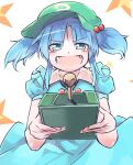  1girl :d blue_eyes blue_hair blush cabbie_hat controller evil_smile eyebrows_visible_through_hair fangs ginnkei hair_bobbles hair_ornament hat highres holding holding_remote_control kawashiro_nitori looking_at_viewer open_mouth remote_control simple_background smile solo touhou two_side_up v-shaped_eyebrows white_background 