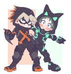  2boys absurdres bakugou_katsuki belt black_belt black_bodysuit black_footwear black_gloves blonde_hair blush bodysuit boku_no_hero_academia boots border chibi freckles gloves green_background green_eyes green_hair highres hood hood_up knee_pads male_focus mask midoriya_izuku multiple_boys orange_background rapiko red_eyes smile spiky_hair two-tone_background white_border 