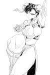  1girl bracelet chun-li closed_mouth double_bun earrings fighting_stance fingernails greyscale hair_bun half-closed_eyes hatching_(texture) highres jewelry leg_up monochrome puffy_sleeves rasetsu001 simple_background solo spiked_bracelet spikes street_fighter white_background 