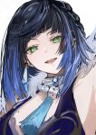  1girl black_hair blue_hair cape fur-trimmed_cape fur_trim genshin_impact gradient_hair green_eyes highres jewelry looking_at_viewer mole multicolored_hair nanaponi necklace open_mouth simple_background smile solo tassel white_background yelan_(genshin_impact) 