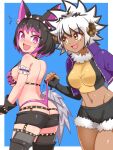  2girls @_@ ^^^ animal_ears ass back bangs bikini bikini_lift bikini_under_clothes black_footwear black_gloves black_hair black_legwear black_shorts blue_background blush bob_cut boots border breasts butt_crack clothes_lift commentary commission cougar_(cougar1404) cropped_jacket dark-skinned_female dark_skin ear_piercing elbow_gloves eyebrows_visible_through_hair fang fingerless_gloves frilled_armband fur-trimmed_shirt fur-trimmed_shorts fur_trim garter_straps gloves hairband halterneck horns jacket lifted_by_another long_sleeves looking_at_another looking_at_viewer looking_back medium_breasts micro_shorts midriff_peek mole mole_under_eye motion_lines multicolored_hair multiple_girls open_clothes open_jacket open_mouth orange_eyes orange_shirt original outside_border piercing pink_bikini pink_eyes pink_hair purple_jacket sheep_horns shirt short_hair shorts smile spiked_hairband spikes spiky_hair standing streaked_hair swimsuit tail thigh-highs thigh_boots thong_bikini wedgie white_border white_hair wolf_ears wolf_tail 