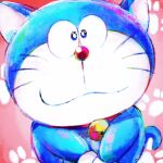  1boy :3 animal_ears bell blue_eyes cat cat_ears closed_mouth commentary doraemon doraemon_(character) looking_at_viewer male_focus mochizuki_tagosaku neck_bell paw_print robot simple_background solo tail upper_body whiskers 