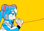  1girl blue_eyes blue_hair chibi double_bun from_side hatsune_miku nee_nee_nee._(vocaloid) solo string_phone terada_tera twintails vocaloid yellow_background 