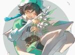  1boy androgynous aqua_hair bangs beret black_hair blush braid cape closed_eyes collared_coat corset flower genshin_impact gradient_hair green_cape green_headwear green_shorts hat hat_flower highres holding holding_flower juliet_sleeves long_sleeves male_focus multicolored_hair open_mouth pantyhose puffy_sleeves short_hair_with_long_locks shorts smile tongzhiz twin_braids venti_(genshin_impact) white_flower 
