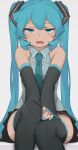  1girl abmayo bare_shoulders blush breasts detached_sleeves hair_ornament hatsune_miku highres long_hair looking_at_viewer necktie open_mouth shirt skirt smile solo thigh-highs twintails vocaloid 