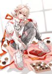  1boy absurdres chocolate fashion food food_in_mouth full_body genshin_impact highres jacket kaedehara_kazuha long_sleeves male_focus multicolored_hair pants pocky pocky_in_mouth ponytail red_eyes redhead shoes sneakers solo white_hair yuitonoel 