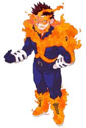  1boy artist_name belt blue_bodysuit bodysuit boku_no_hero_academia brown_hair closed_mouth commentary endeavor_(boku_no_hero_academia) fire full_body hand_on_hip highres looking_at_viewer male_focus muscular serious shitappa shoes short_hair signature simple_background sneakers solo standing tsurime white_background 