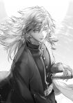  1boy bangs belt buttons closed_mouth demon_slayer_uniform floating_hair from_above from_side greyscale hand_on_hilt haori highres japanese_clothes katana kimetsu_no_yaiba long_hair long_sleeves looking_afar looking_to_the_side male_focus monochrome rain ruint signature solo sword tomioka_giyuu upper_body weapon wet 