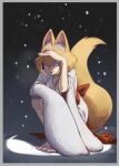  1girl :d animal_ears bangs barefoot blonde_hair blue_eyes border fox_ears fox_girl fox_tail full_body grey_border japanese_clothes kimono long_sleeves looking_at_viewer open_mouth original shiroton_(kazamineko) short_hair smile snowing solo tail toes white_kimono 