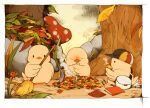  autumn autumn_leaves backpack bag baseball_cap bird black_eyes book broom buku_(bunnbuk) burning chick closed_eyes hat holding holding_broom ladybug leaf mushroom no_humans original outdoors rock sitting standing sweet_potato tree 