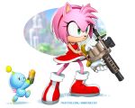  absurdres amy_rose chao_(sonic) dress english_commentary eyelashes full_body green_eyes grenade_launcher highres mathias_leth pink_fur red_dress red_footwear running sonic_(series) weapon weapon_request 