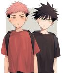  2boys backpack bag bandaid bandaid_on_face black_hair black_shirt border brown_eyes closed_mouth fushiguro_megumi green_eyes highres itadori_yuuji jujutsu_kaisen looking_at_viewer male_focus multiple_boys pink_hair red_shirt shirt short_hair short_sleeves somwang_07 spiky_hair white_border younger 