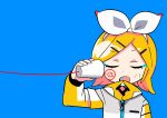  1girl blonde_hair blue_background bow chibi closed_eyes hair_bow kagamine_rin nee_nee_nee._(vocaloid) open_mouth solo string_phone terada_tera vocaloid 