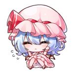  1girl bat_wings blue_hair blush chibi closed_eyes closed_mouth dress eyebrows_visible_through_hair flying_sweatdrops full_body hair_between_eyes hat lowres mob_cap pink_dress pink_headwear pudding_(skymint_028) puffy_short_sleeves puffy_sleeves remilia_scarlet short_hair short_sleeves simple_background solo touhou white_background wings wrist_cuffs 