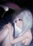  1girl animal_ears bangs breasts closed_mouth feet_out_of_frame fork from_side hair_over_shoulder hand_on_own_knee hands_on_own_legs knees_up lips long_hair looking_away mi8pq mochi nude original purple_hair rabbit_ears red_eyes sideboob silver_hair sitting solo star_(sky) 