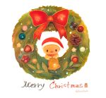  acorn bell berries bird bow buku_(bunnbuk) chick christmas_wreath holding holding_bell looking_at_viewer merry_christmas no_humans original pinecone red_bow santa_hat star twitter_username 