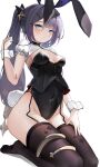  1girl absurdres alternate_costume animal_ears aqua_eyes berserker_r black_choker black_legwear black_leotard breasts choker covered_navel garter_straps genshin_impact groin hair_ornament hairclip highres leash leash_pull leotard long_hair looking_at_viewer mona_(genshin_impact) parted_lips playboy_bunny pulled_by_self purple_hair rabbit_ears seiza shrug_(clothing) sitting small_breasts solo sparkle_print thigh-highs thighlet thighs twintails wrist_cuffs 