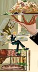  1boy absurdres avenoirn bento blonde_hair burger crossed_legs curry curry_rice fish food fried_rice highres kitchen_knife long_sleeves male_focus meat one_piece rice sandwich sanji shrimp solo vest 