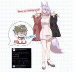  1boy 1girl ^_^ animal_ears black_footwear blue_hair breasts brown_hair closed_eyes clothes_hanger colored_tips dress english_commentary english_text fox_ears fox_girl fox_tail glasses high_heels highres holding holding_clothes ike_eveland large_breasts multicolored_hair nijisanji nijisanji_en nina_kosaka open_mouth red_eyes round_eyewear smile tail twitter virtual_youtuber white_dress yu_dounai 