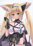  1girl animal_ears apron arknights bangs bare_shoulders black_gloves blonde_hair blush breasts closed_mouth commentary_request eyebrows_visible_through_hair fox_ears fox_girl fox_tail gloves green_eyes grey_background grey_skirt hair_between_eyes hand_up highres kitsune long_hair looking_at_viewer multicolored_hair sanukiske shirt simple_background single_glove skirt small_breasts smile solo suzuran_(arknights) tail twintails two-tone_hair very_long_hair waist_apron white_apron white_hair white_shirt 