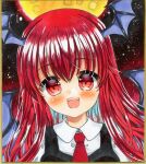  1girl :d bat_wings blush dress_shirt eyebrows_visible_through_hair happy head_wings koakuma light_particles long_hair looking_at_viewer marker_(medium) necktie open_mouth red_eyes red_necktie redhead shikishi shirt smile solo touhou traditional_media upper_body wings zenra1112 