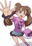  1girl 34_(sanjushi) bag breasts brown_hair dark-skinned_female dark_skin green_eyes highres long_hair looking_at_viewer one-hour_drawing_challenge open_mouth pokemon pokemon_(game) pokemon_xy quad_tails shauna_(pokemon) shirt shorts simple_background smile solo twintails white_background 