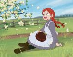  1girl anne_of_green_gables anne_shirley apron blue_sky boots braid branch day dress fence flower freckles galois green_legwear grey_dress hat hat_removed headwear_removed highres medium_hair outdoors petals redhead signature sitting sky solo twin_braids 
