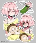  04119_snail 1girl absurdres ahoge collar earrings eyepatch fang grey_background highres idolmaster idolmaster_cinderella_girls index_fingers_together jewelry looking_at_viewer morty_smith multiple_views o3o off-shoulder_shirt off_shoulder pickle pickle_rick pink_collar pink_eyes pink_hair rick_and_morty shirt short_hair skin_fang yumemi_riamu 