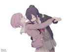  2girls ^_^ ^o^ asahina_mafuyu blood blood_on_face closed_eyes dancing highres implied_cannibalism jacket multiple_girls ootori_emu pink_hair ponytail project_sekai purple_hair re_kyu school_uniform short_hair waltz_(dance) white_background yuri 