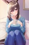  :o admire_vega_(umamusume) animal_ears bangs blue_sweater breasts brown_hair casual crossed_bangs cup denim eyebrows_visible_through_hair highres holding holding_cup horse_ears horse_girl indoors jeans jewelry knees_up large_breasts light_particles long_hair long_sleeves mug necklace pants primamiya ribbed_sweater sitting sweater umamusume violet_eyes 