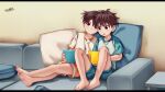  2boys absurdres barefoot brown_eyes brown_hair commission couch full_body hair_between_eyes highres leaning_on_person looking_at_another male_focus multiple_boys open_mouth original pillow raglan_sleeves shorts signature sitting smile tablet_pc xiaoyexiaoye 